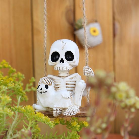 Skeleton And Ghost Cat Figurine Halloween Swing Skeleton Ornament Gothic Hanging Decoration for Car Rearview Mirror Home Halloween Party Decor