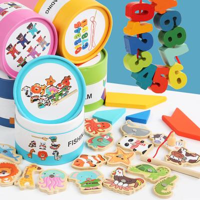 Wooden Barrel Kindergarten Children's Educational Tangram T-word Puzzle Fishing Bear Change Beaded Toy
