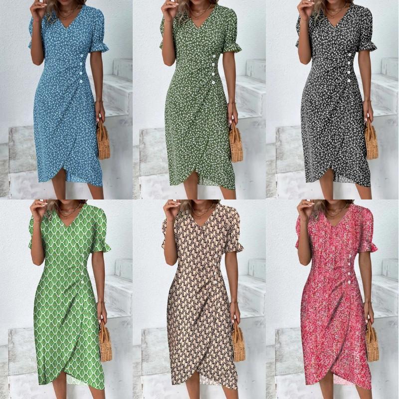 

Women s Geometric Print V-Neck Short Sleeve Asymmetrical Hem Button Detail Dress S
