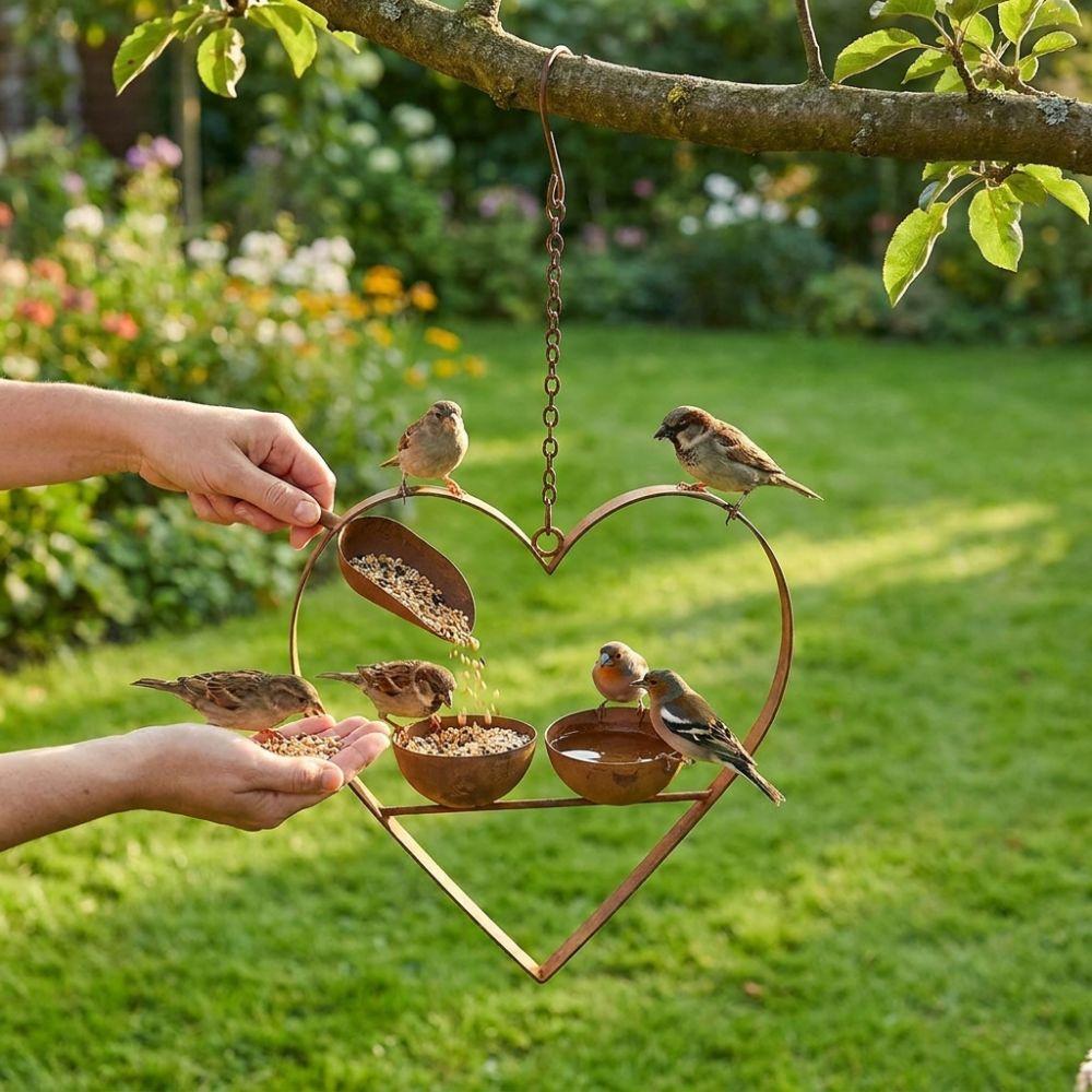 Double Bowl Hanging Bird Feeder Iron Art Bird Feeding Station Heart Shape Bird Feeder  Outdoor Use