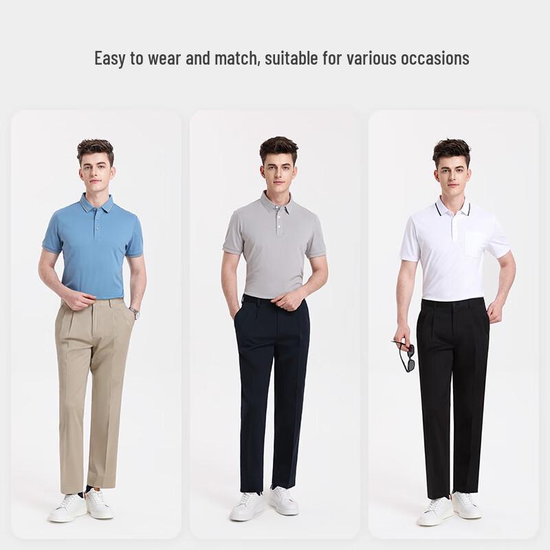 Langdeng Men's Double Pleat Cotton Business Casual Pants