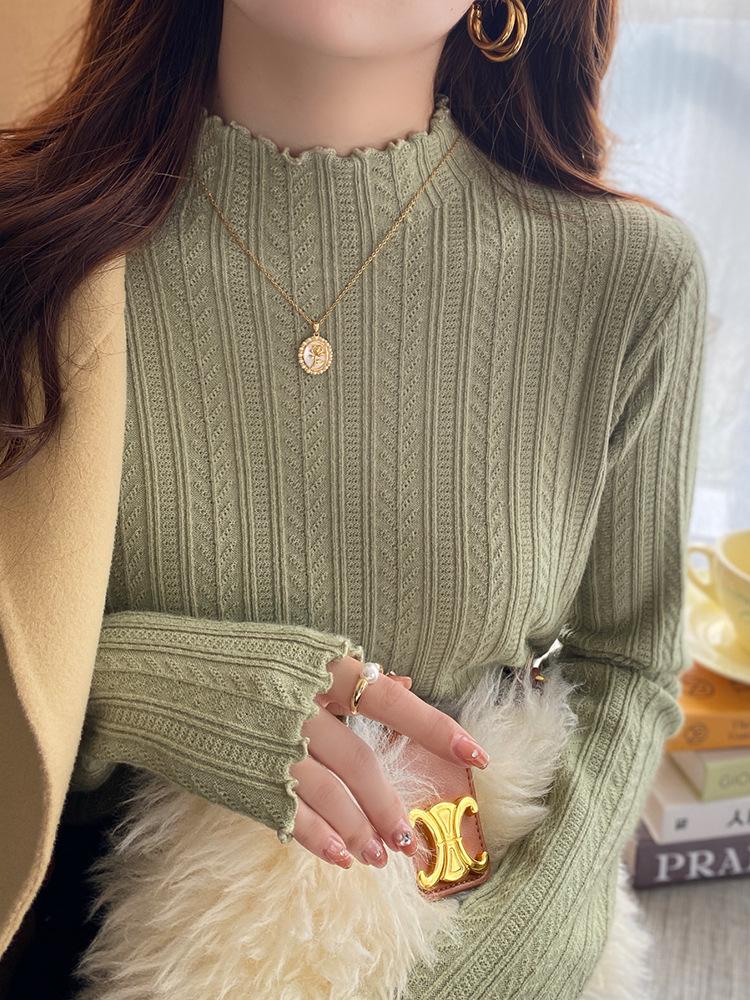 Women's White Half-High Neck Ruffle Trim Knit Sweater - Autumn/Winter 2025 Collection
