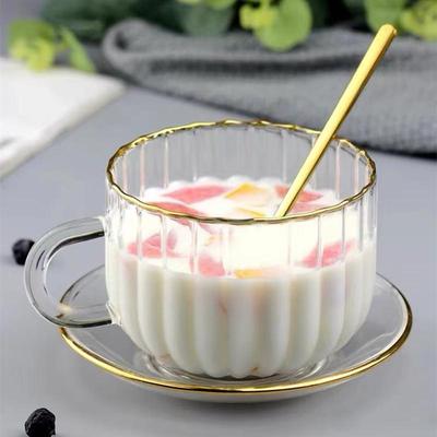 Kürbis Glasbecher mit Goldrand, Borosilikatgriff und Löffel - Hitzebeständiger Frühstücks- oder Milchtasse