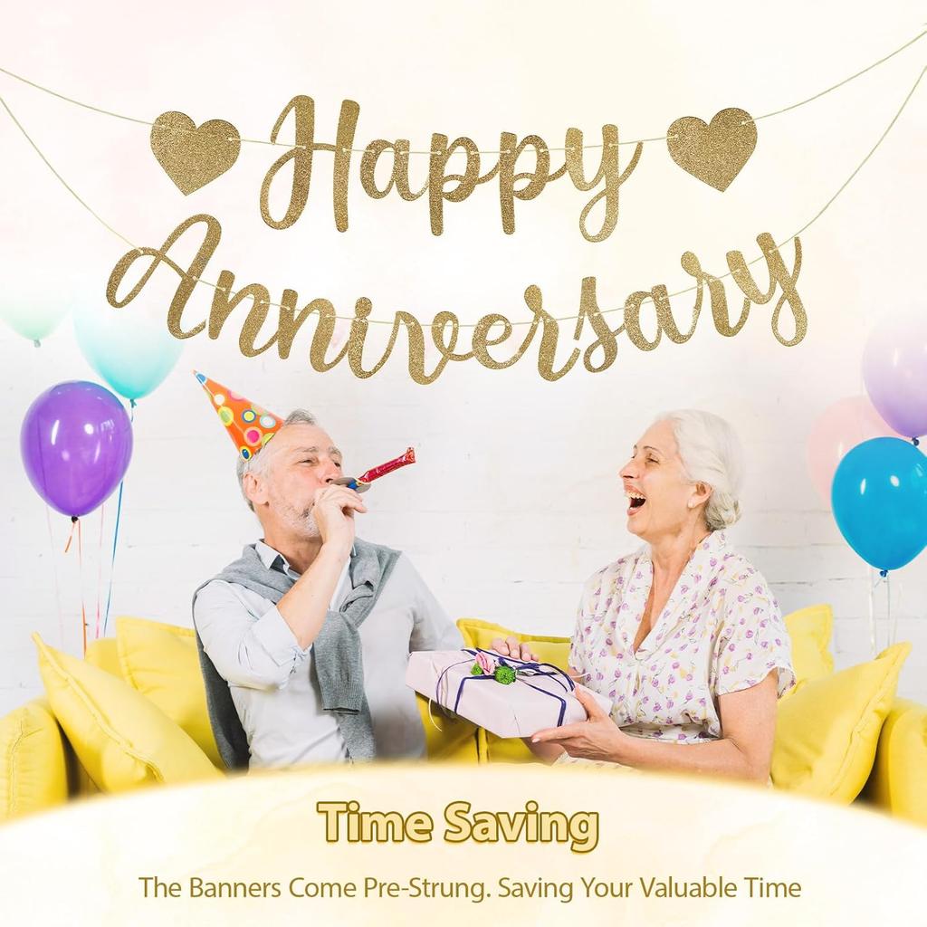 Happy Anniversary Banner, Glitter Happy Anniversary Decorations No DIY Anniversarys Decor Gold Glitter Bannersfor Wedding Anniversarys Party