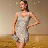 Pailletten Mini-Kleid Glitzernd Breiter Träger Quadratischer Ausschnitt Rückenfrei Bodycon Kurz Gewand Sexy Seitenschlitz Glitzer Ärmellos Geburtstagsparty Cocktail Club Kleid