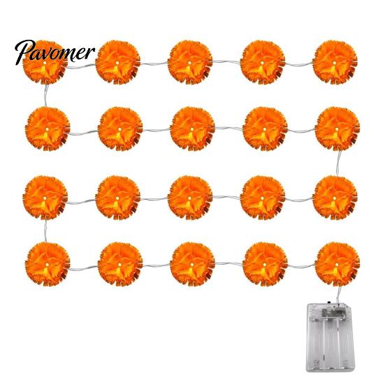 Holiday Gift for Housewarming Artificial Marigold Flower String Lights, 20/40 LED Cempasuchil Garland Flashing Wreath Indian Weddings Lights