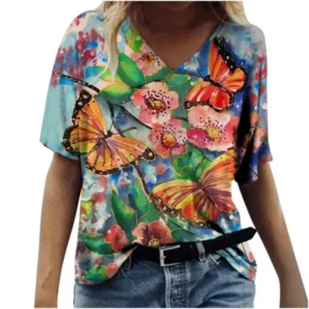 Flower Butterfly T-Shirts 3D Print Women V-Neck Short Sleeve T-Shirt Casual Breathable Loose Oversized Comfortable T-Shirt
