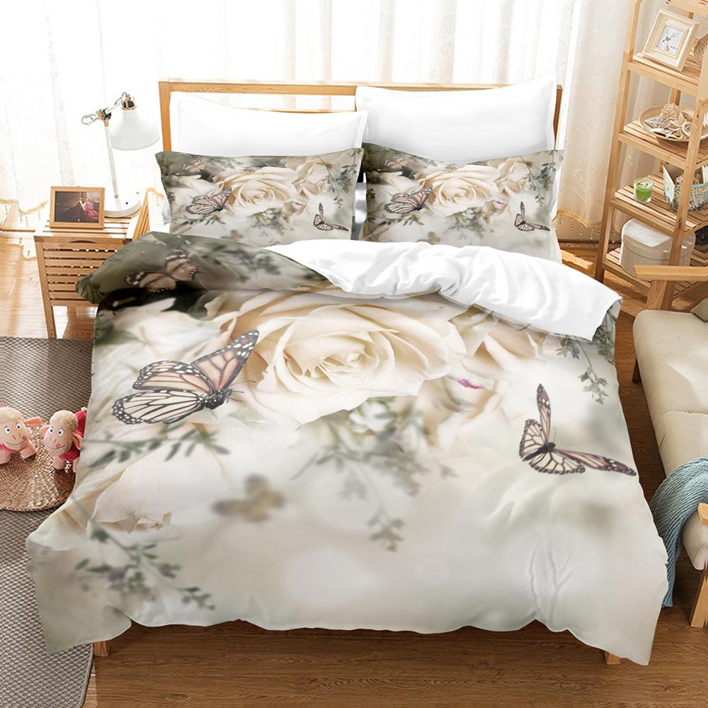 Fleur Roses, Romantique Et Festif Textile De Maison Kit De Draps Impression 3D Motif Cheveux Lisses Trois Pièces Mariage