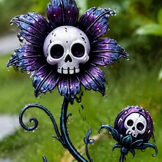 Scary Garden Ornaments Halloween Stake, Waterproof Spooky Skull Flower Lawn Art, 2D Creepy Decorative Stakes Metal Plant Stake for Porch, Patio, Lawn,