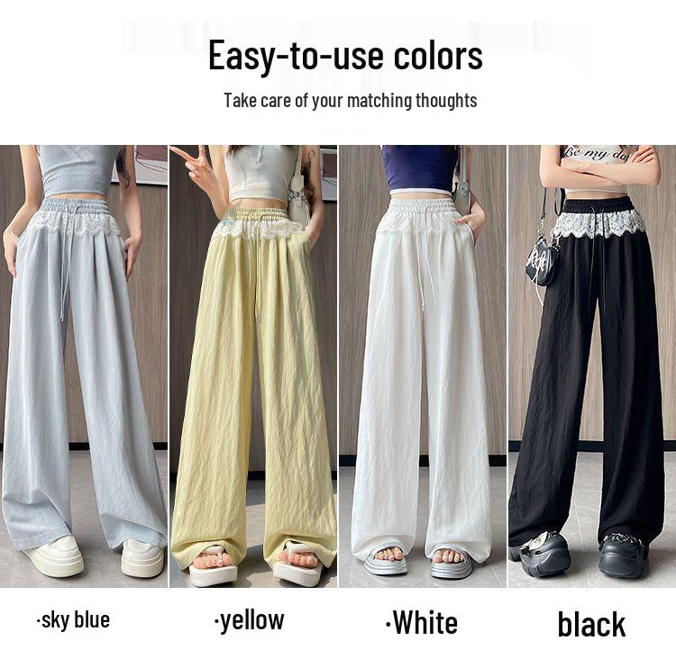 High-Waist Lace Splice Women's Spring/Summer Loose Straight-Leg Pants