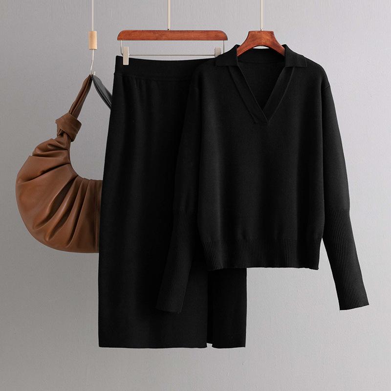 

A New Loose Solid Color POLO Neck Knitted Sweater and Skirt Set for Women In Autumn and Winter one size чёрный