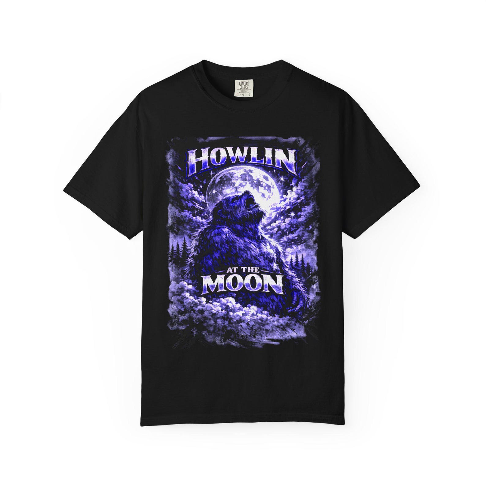HOWLIN at the MOON Blue Sasquatch T shirt,Vintage Bigfoot Howling Moon Retro Cryptid Art,Glossy Moonlight 3XL