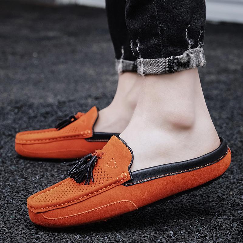 Fashion Breathable Suede Leather Loafers Handmade Mens Casual Muller Shoes Size 38-47 Tassel Slip on Half Flats Handmade Male Moccasins