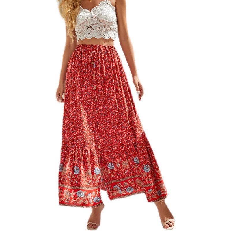 Women's Summer High Waist Printed Buckle Split Holiday Halter Skirt