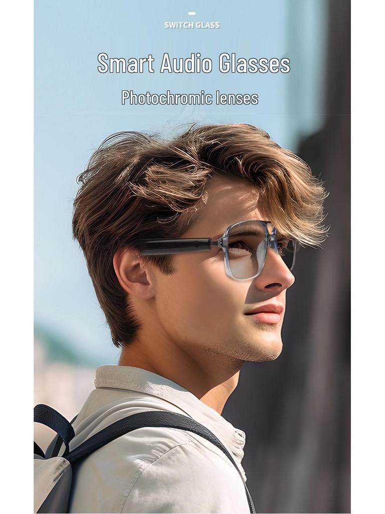 Smart Bluetooth Audio Glasses with Double Beam Photochromic Anti-Blue Light Lenses, UV Protection, and Music/Call Features