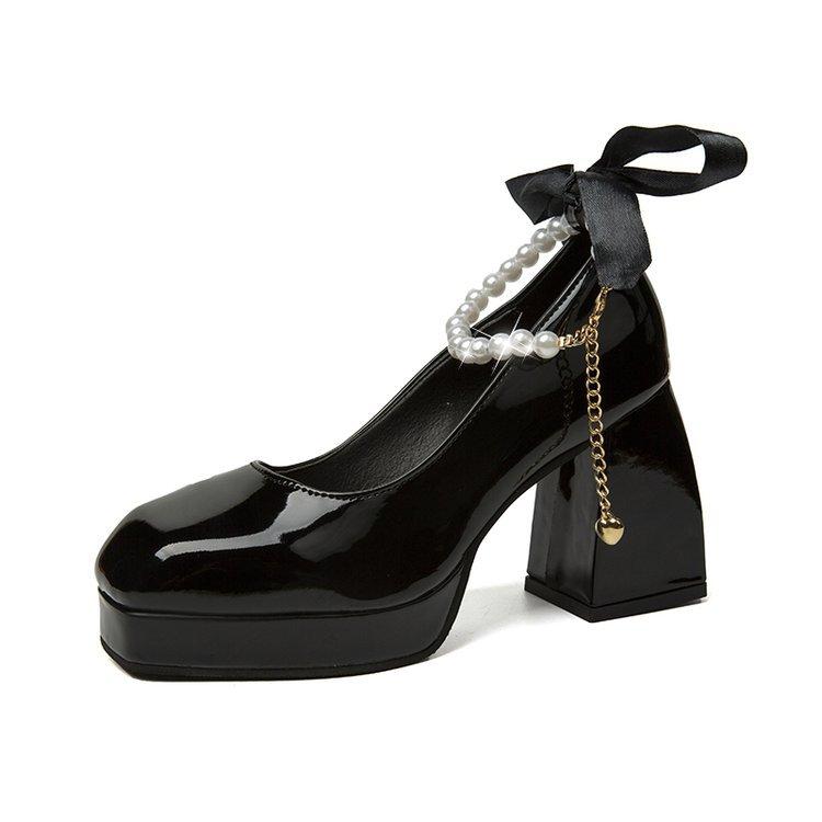 

Женские туфли на высоком каблуке больших размеров, осенние туфли Мэри Джейн на толстом каблуке с жемчужной цепочкой, модные модельные туфли на платформе 38
