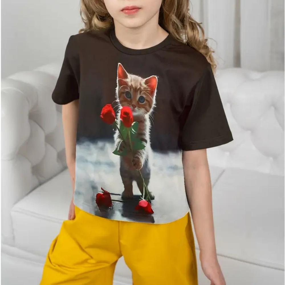Clothes for Girls 3D Print Cute Cat Crew Neck Graphic T Shirts Summer Play Streetwear Kawaii Girl Outdoor Clothes for Children