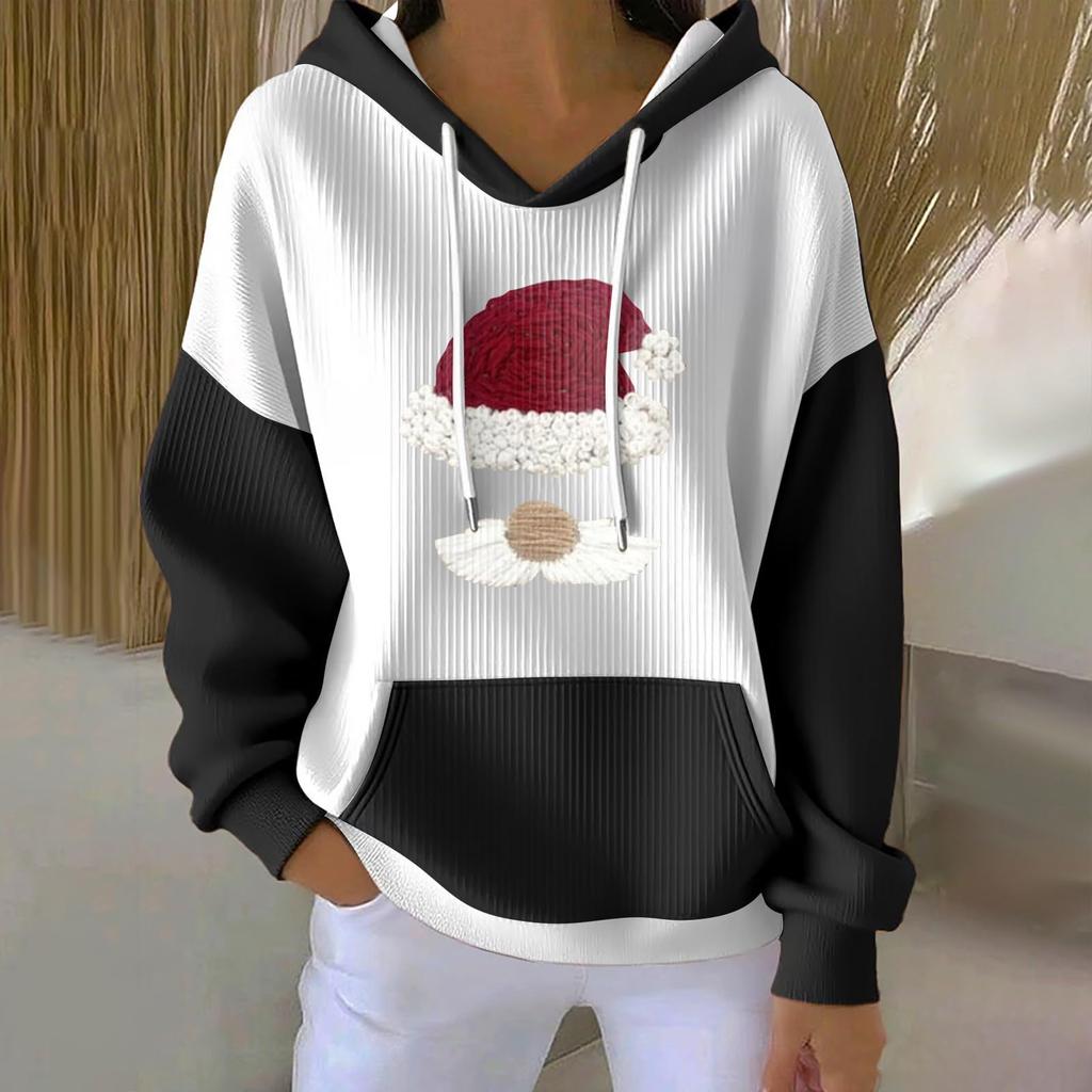 Women's Loose And Comfortable Drawstring V-neck Long Sleeved Christmas Print Hoodie