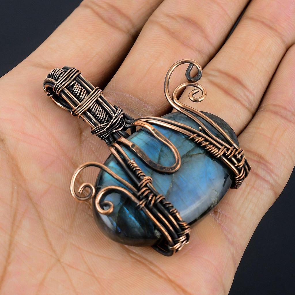 Labradorite Pendant, Handmade Gemstone 999 Copper Wire Wrapped Pendant Antique Jewelry, For Gift Silver Jewelry