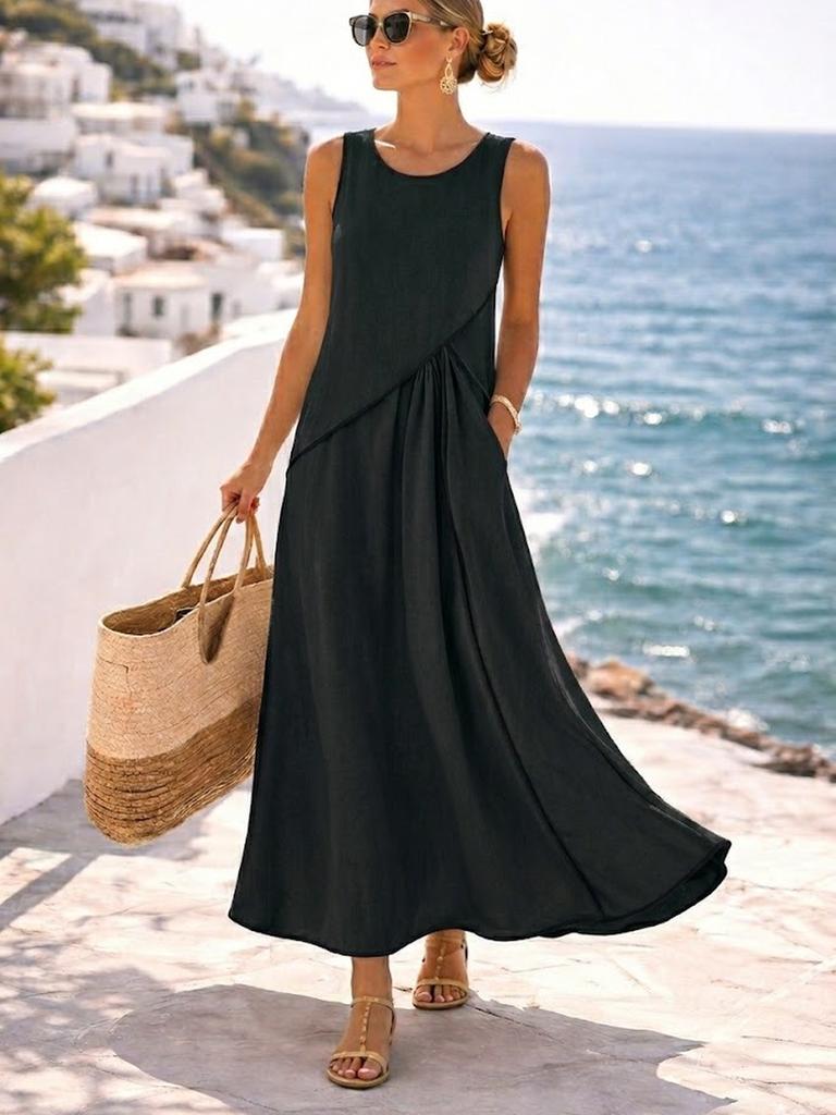 Summer New Women's Mediterranean Vacation Style Dress Women's Color Block Ruffled A-Line Dress
