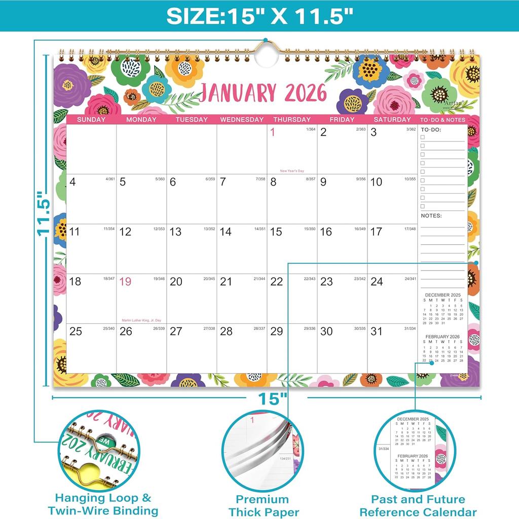 2026 Calendar - 2026 Wall Calendar, 15" x 11.5", JAN.2026 -DEC.2026, 12 Monthly Wall Calendar 2026, Hanging Hook - Clorful Floral