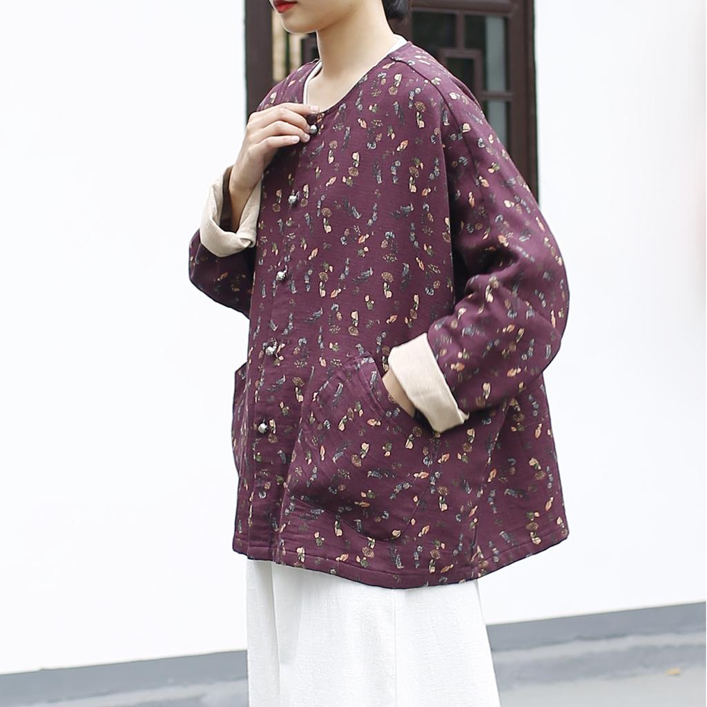 Johnature Women Vintage Print Floral Jackets O-Neck Long Sleeve Coats Spring Button Bat Sleeve Chinese Style Jackets