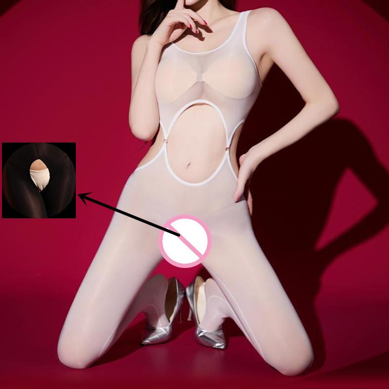 Sexy Oil Glossy Shiny Sexy Tight Bodystocking Open Crotch Bodysuit Hollow Out OnePiece Body Stockings Leotard See Through Tights