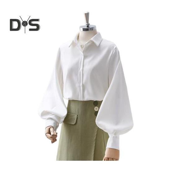 Women Shirt Lapel Lantern Long Sleeve Single Breasted Shirt Tops Solid Color Loose Fit Work Casual Daily Tops
