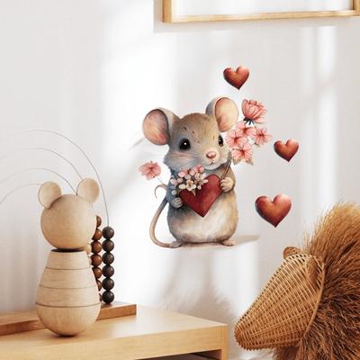 Cartoon Mouse Pattern Wall Sticker with Heart and Flower Patterns, Wall Decoration,Toilet Decoration, Self-adhesive Wall Sticker