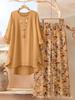 Large Size Women's Printed Medium-sleeved Top Floral Wide-leg Pants Casual Two-piece Set Multi-color Set