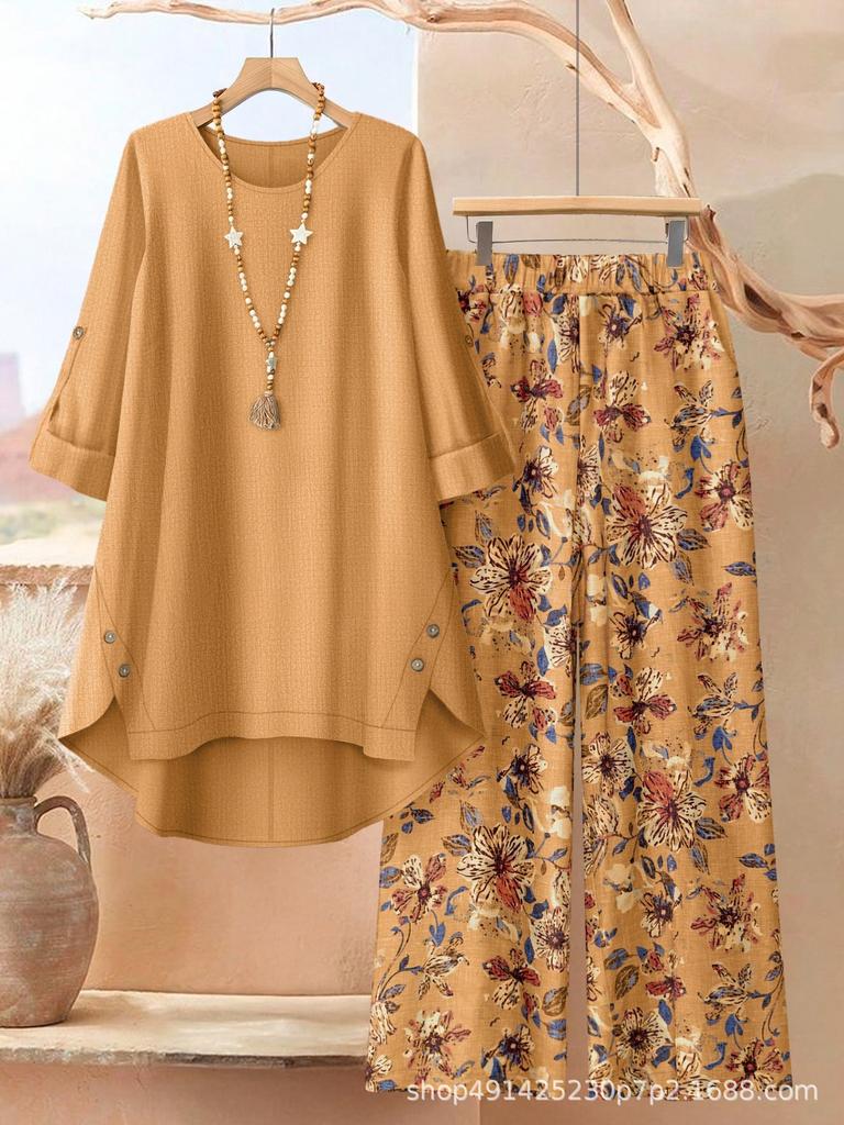 Large Size Women's Printed Medium-sleeved Top Floral Wide-leg Pants Casual Two-piece Set Multi-color Set