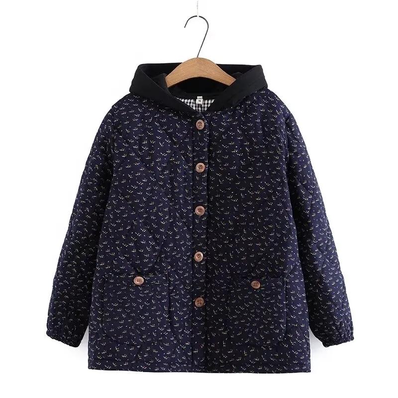 

Women Quilted Retro Floral Hooded Jacket Loose Autumn Winter Casual Outerwear 4XL