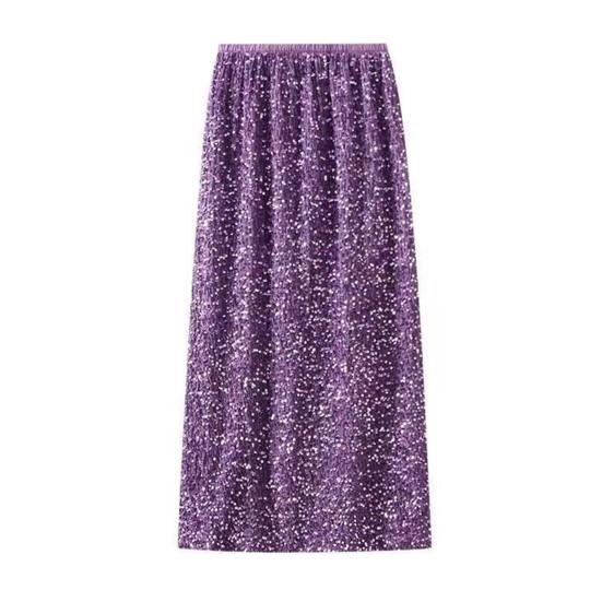 Women Skirt Solid Color Shiny Sequin Decoration Midi Skirt Elastic High Waist Back Slit Design Skirt Beach Weddings Skirt
