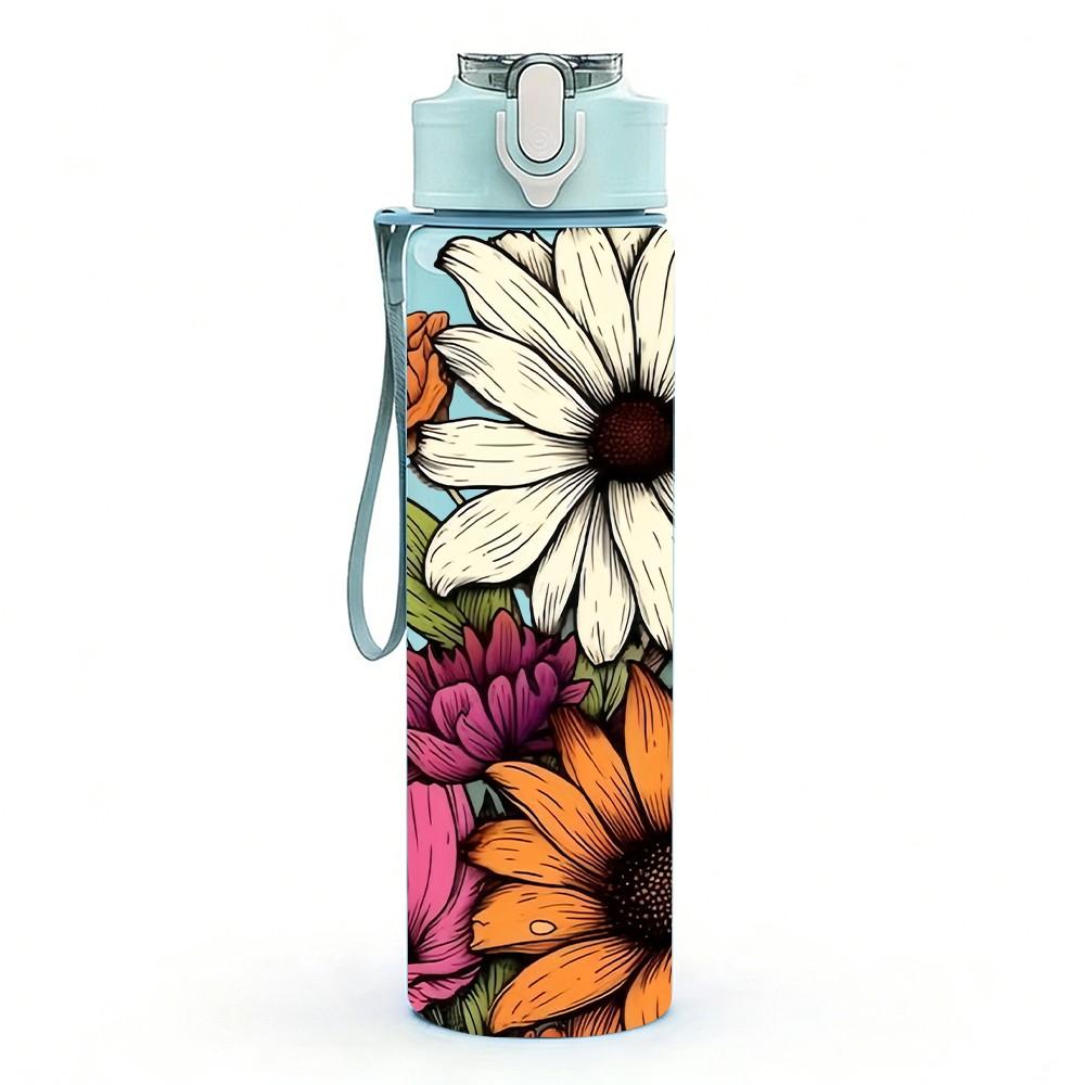 1PC Mixed Daisy Sunflower Bouquet Print 750ml Color Plastic Sports Water Bottle Leakproof Flip Straw Lid Suitable for Sports Office Home Use
