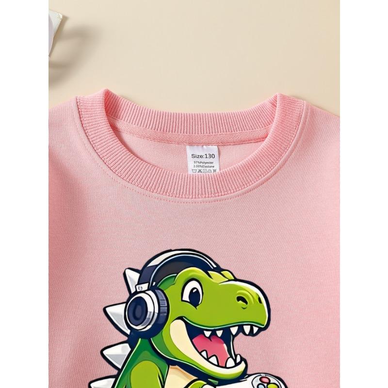 European sizes Dino Gamer Controller Headphones Console Girls' Crew Neck Sweatshirt, Western Style, Long-Sleeved, Casual Colors for Young Girls.