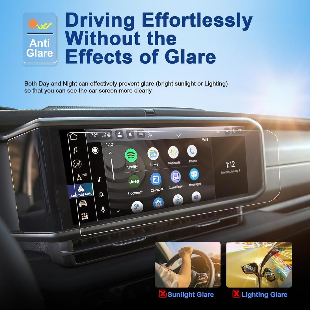 Anti-Glare Matte Screen Protector for 2024 2025 Jeep Wrangler (Sport/Willys/Sahara/Rubicon/High Altitude/Rubicon 392) 12.3In Touchscreen, 9H Tempered