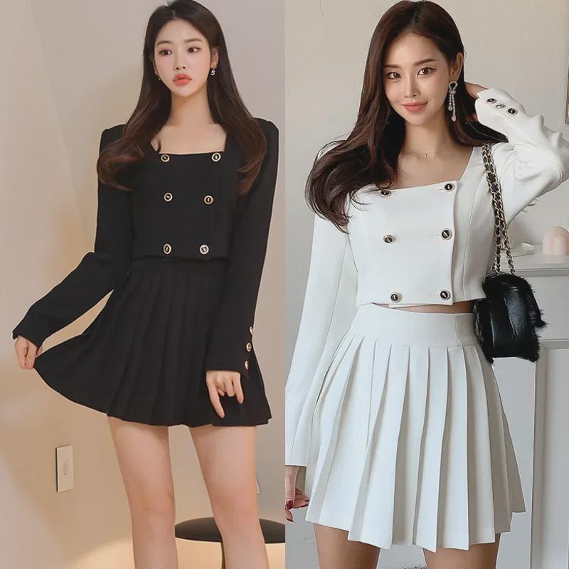 2023 Autumn Korean Style Women's Fashion: Double-Breasted Jacket and Pleated Skirt Two-Piece Suit