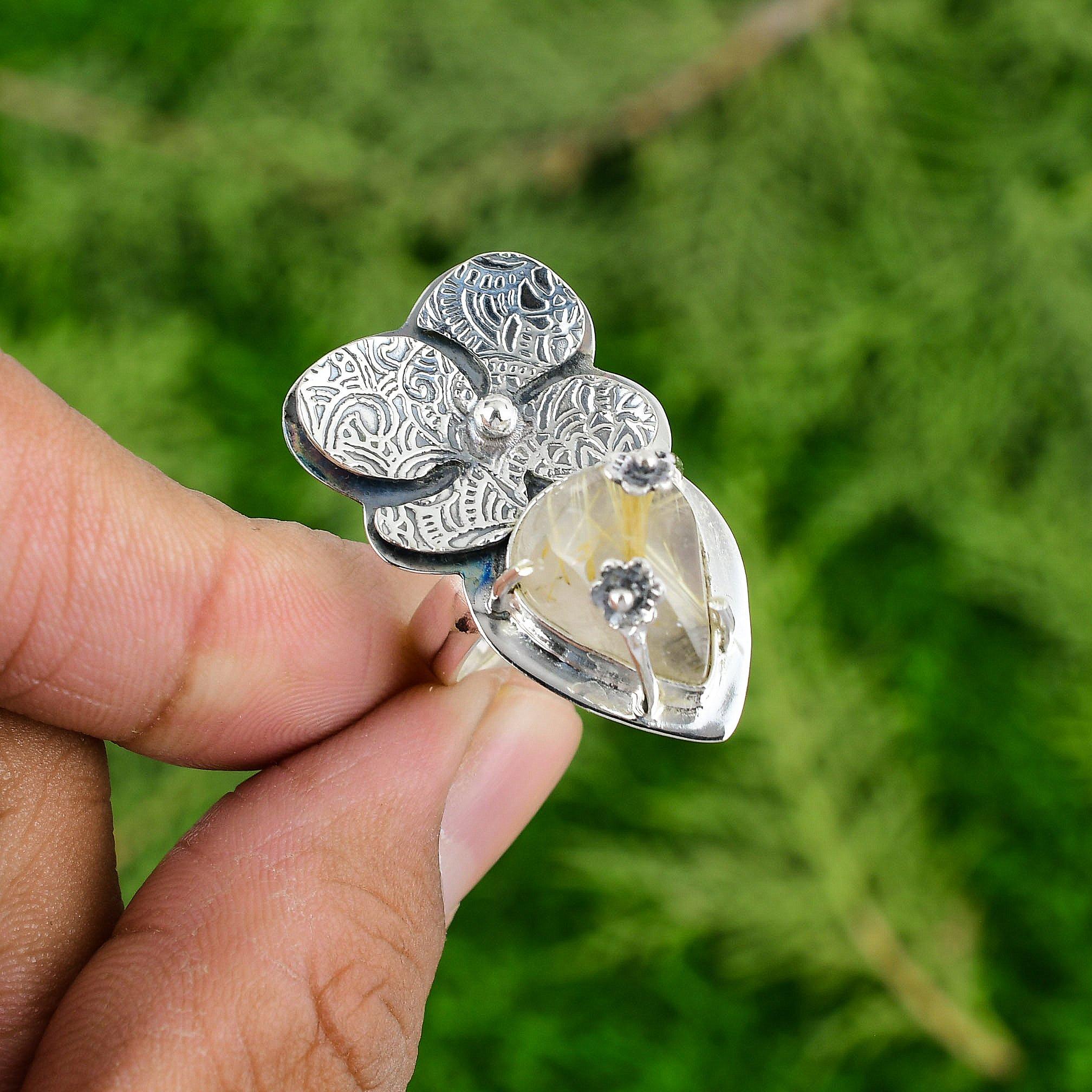 

Кольцо-заявление с цветком из драгоценного камня Золотой рутил в безеле, ювелирное изделие из стерлингового серебра 925 пробы Adjustable