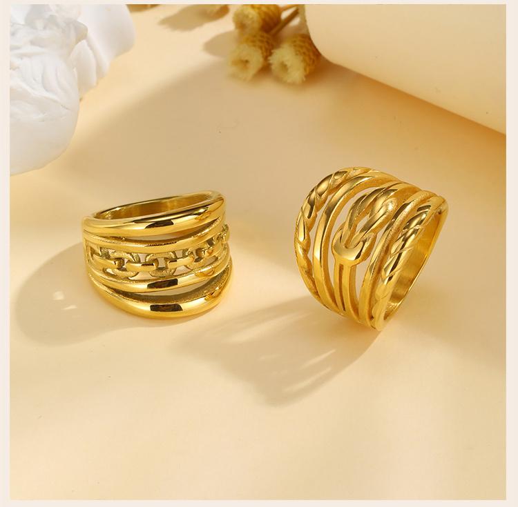 Double Layer Chunky Ring for Women, Gold Plated Stainless Steel, High Polish Statement Band Radial Ring
