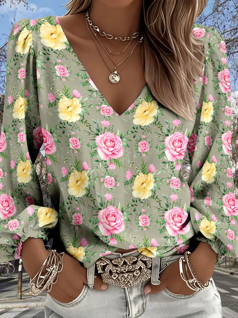 Lady Bohemian Retro Western Style V-Neck Shirt - Lantern Sleeve, Suitable for Spring and Summer Vacations, Casual Attire and Bohemian Style Wearing