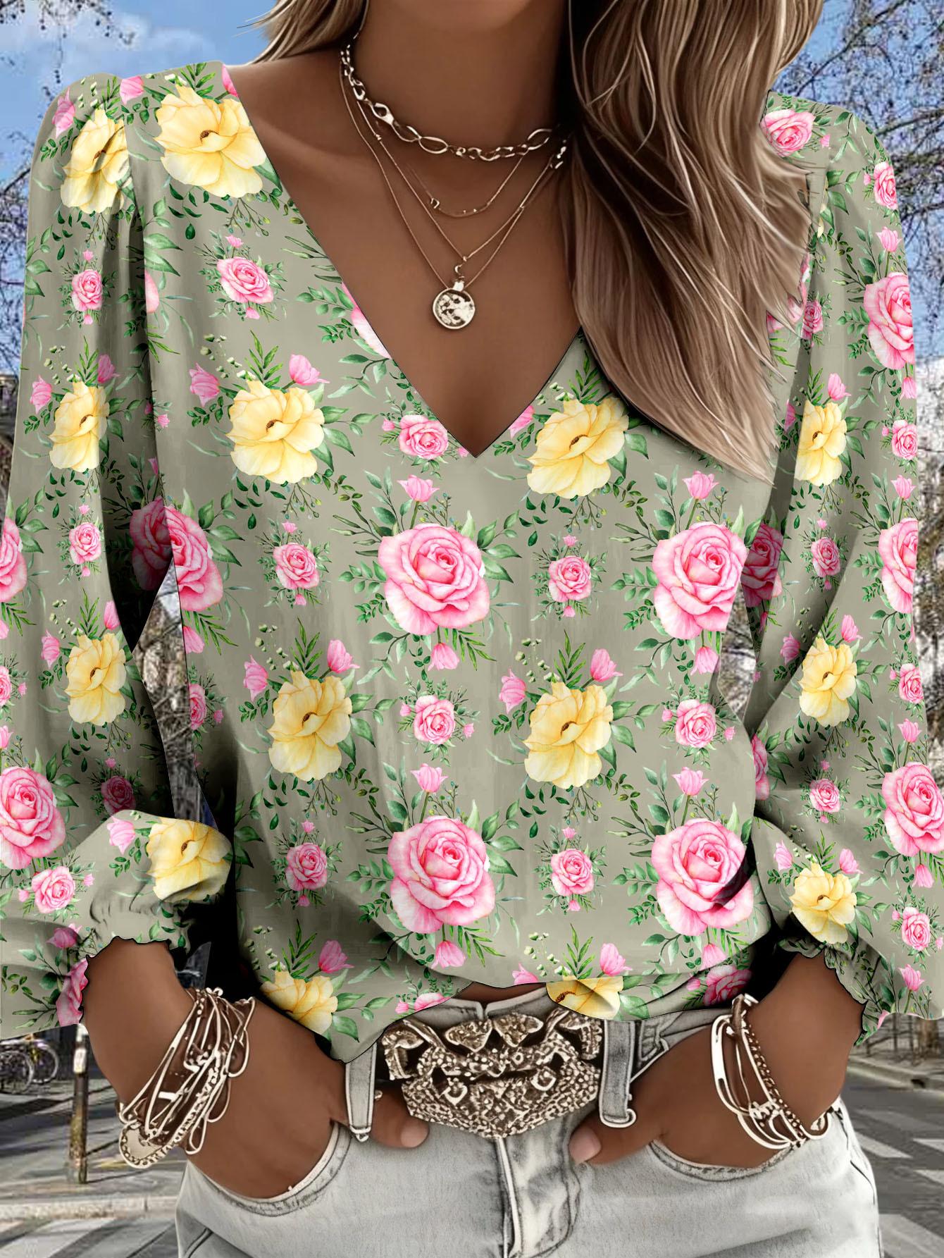 

Lady Bohemian Retro Western Style V-Neck Shirt - Lantern Sleeve, Suitable for Spring and Summer Vacations, Casual Attire and Bohemian Style Wearing XXL