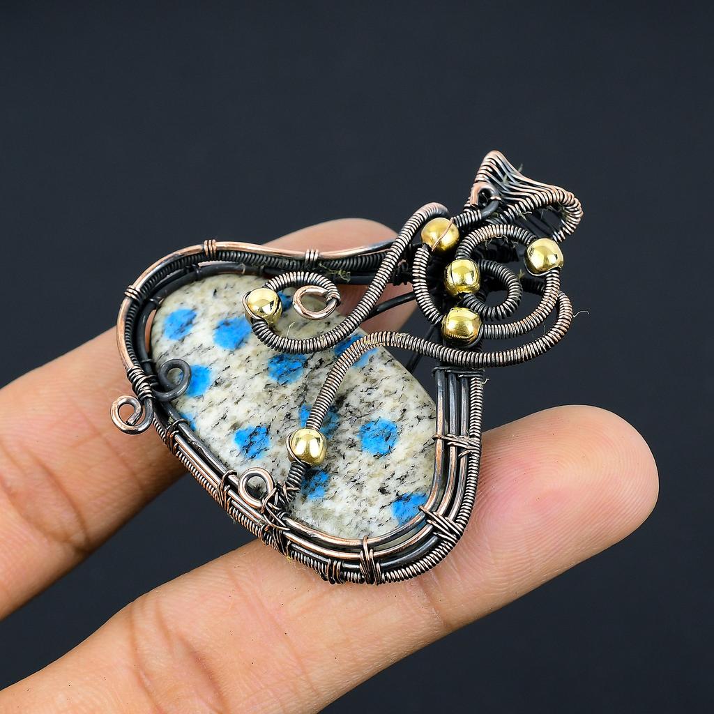 Natural K2 Blue Azurite Gemstone Handmade Copper Wire Wrap Pendant 2.28" Y8o88