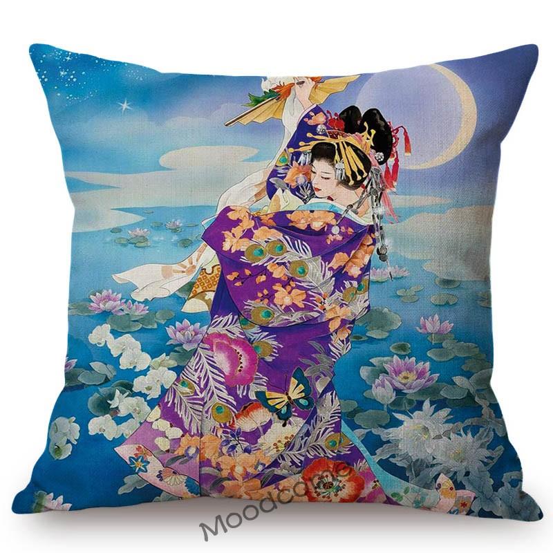 Ancient Japanese Traditional Geisha Oil Painting Art Home Decorative Sofa Throw Pillow Case Beautiful Girl Linen Cushion Cover