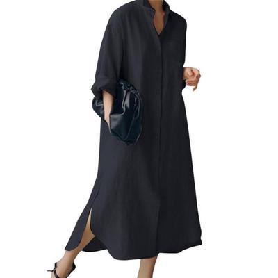 Women Spring Fall Dress Long Sleeve Irregular Split Hem Solid Color Loose Lapel Single-breasted Casual Daily Maxi Shirt Dress