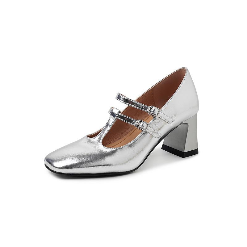 Square heel buckle non-slip beef tendon sole single shoes, new comfortable cowhide fashion single shoes for women, square head high heel small leath