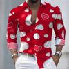 Men's Long-Sleeved Shirt with Heart Print Pattern, Stylish and Handsome, Festive Men's Lapel Top