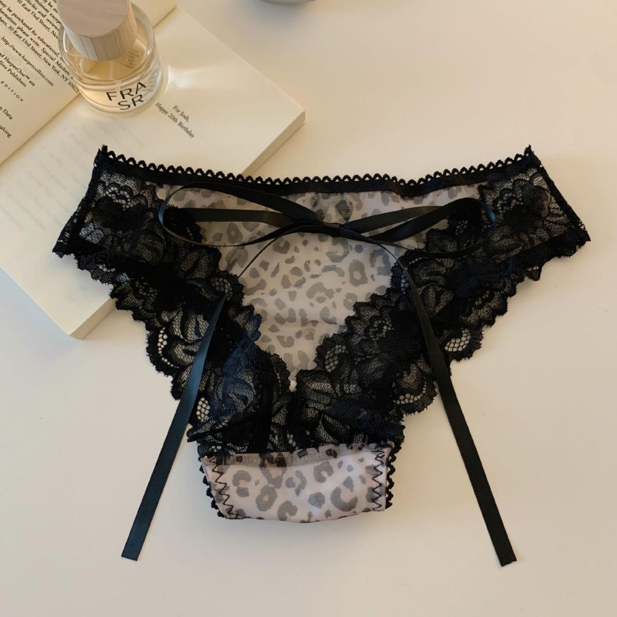 

Відривні антибактеріальні мереживні шнуровані леопардові трусики-трикутник з низькою посадкою One Size (80-120 jin) чорний/леопардовий