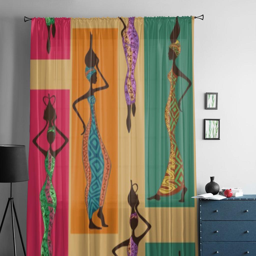 Schöne afrikanische Frauen mit Vasen, Chiffon-Vorhänge für Wohnzimmer, Schlafzimmer, Dekoration, Fenster, Voiles, Tüllvorhang