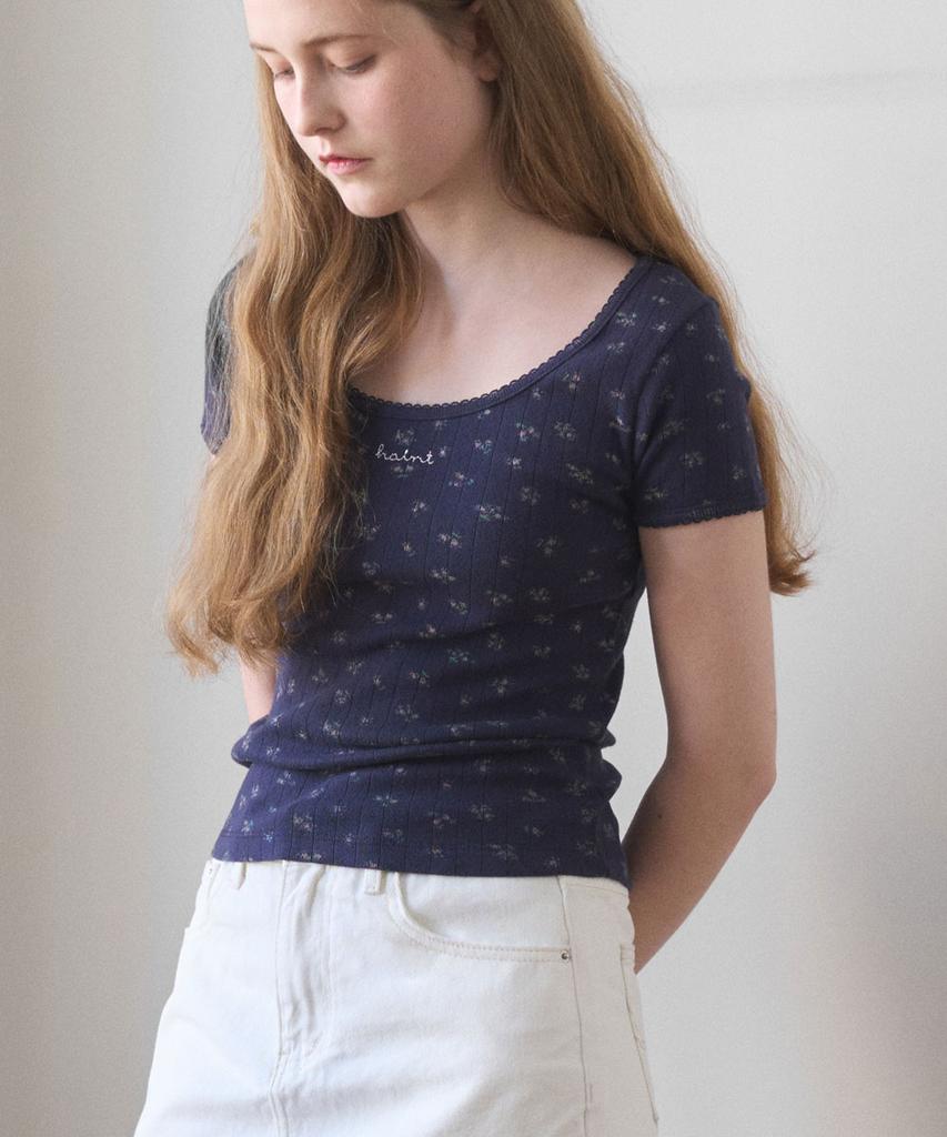 HAINT Flower Printed Eyelet T-Shirt 2Col_Navy