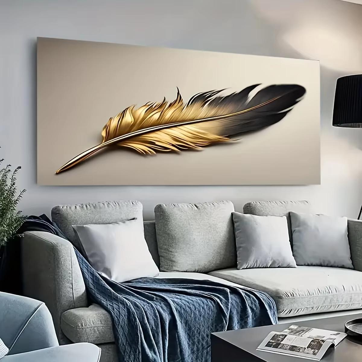

1pc Elegant Golden & Black Feather Canvas Wall Art - Frameless Modern Decor with Chic Gray Background, High-Quality Print for Li (as the picture,50x100cm No Frame)